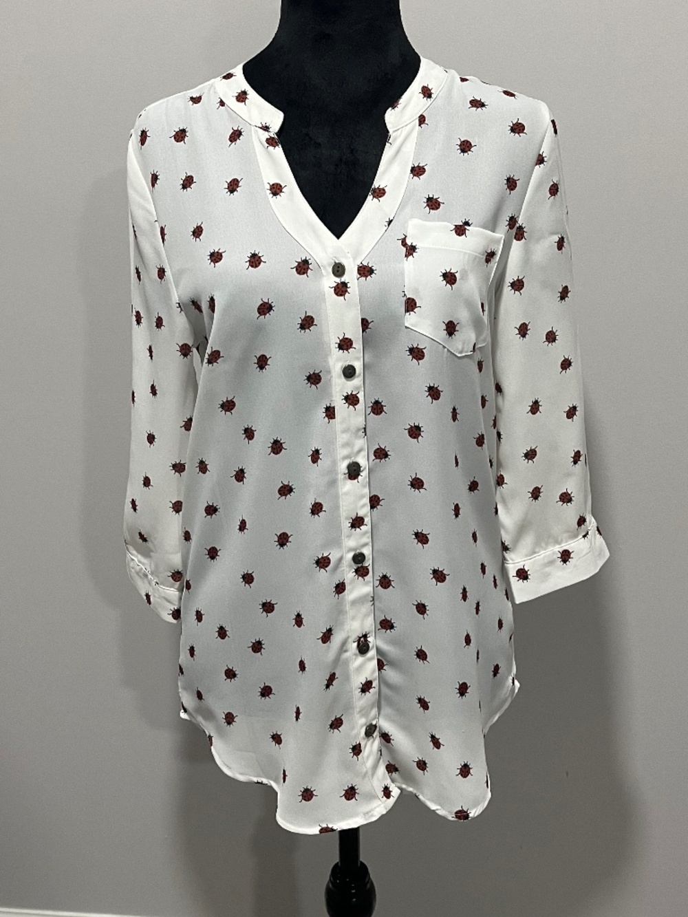 Bongo Button Down Blouse White Ladybugs Vintage, Y2K, Size M